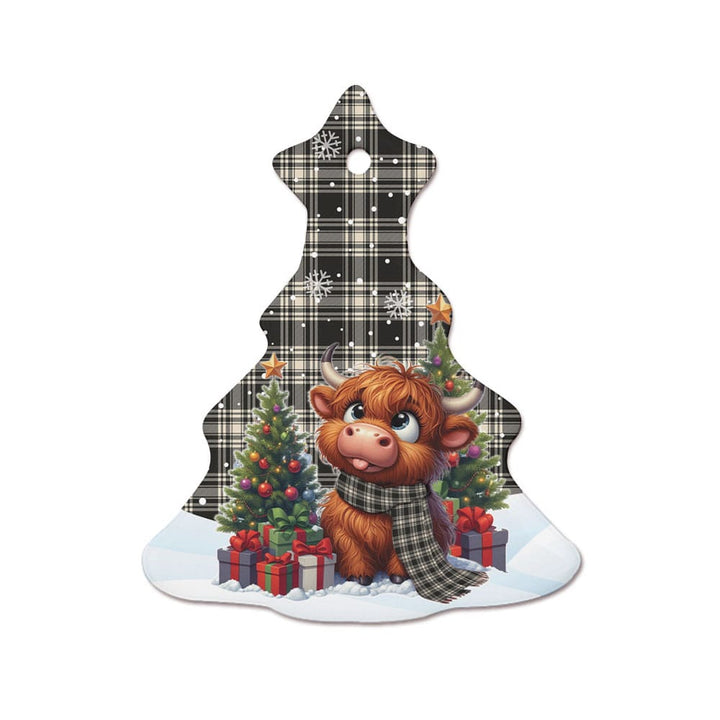 Scottish Menzies Black & White Ancient Clan Tartan Ceramic Ornament Cute Highland Cow Christmas Tree Style Tartan Plaid