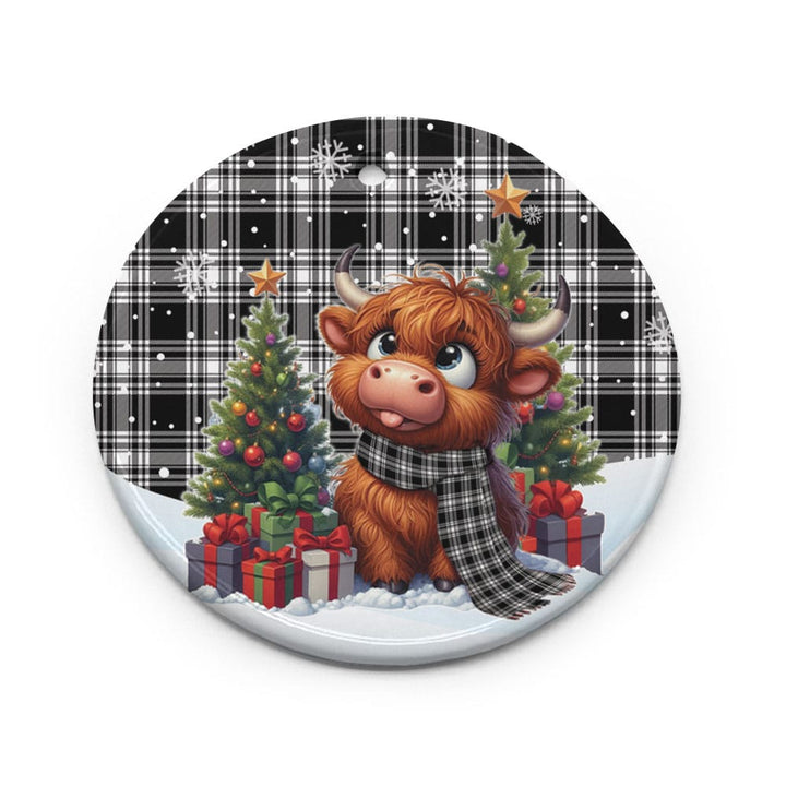 Scottish Menzies Black & White Modern Clan Tartan Ceramic Ornament Cute Highland Cow Christmas Circle Style Tartan Plaid