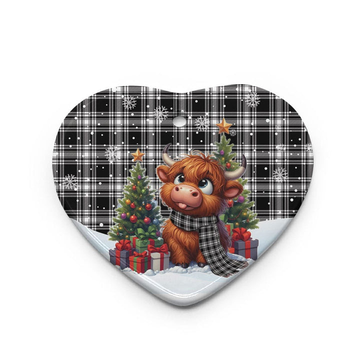 Scottish Menzies Black & White Modern Clan Tartan Ceramic Ornament Cute Highland Cow Christmas Heart Style Tartan Plaid