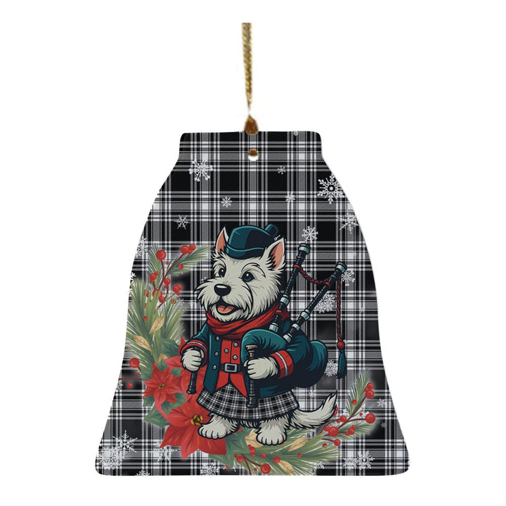 Scottish Menzies Black & White Modern Clan Tartan Ceramic Ornament Cute Scottish Terrier Dog Bell Style Tartan Plaid