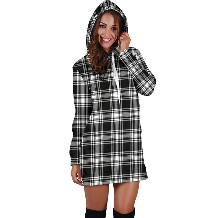 Scottish Menzies Black & White Modern Clan Tartan Hoodie Dress