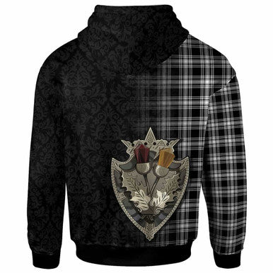 Scottish Menzies Black & White Modern Clan Tartan Hoodie - Half Thistle Flowers Celtic Design Back Side Tartan Plaid