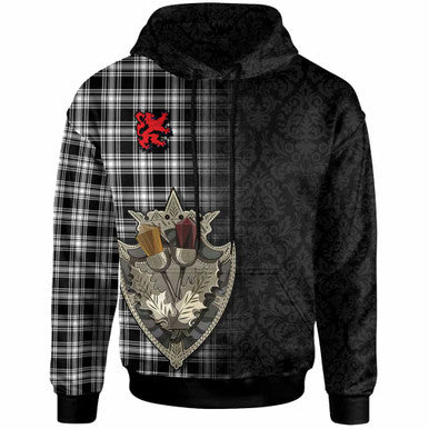 Scottish Menzies Black & White Modern Clan Tartan Hoodie - Half Thistle Flowers Celtic Design Front Side Tartan Plaid