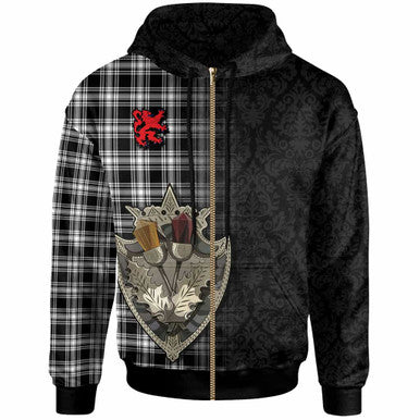 Scottish Menzies Black & White Modern Clan Tartan Hoodie - Half Thistle Flowers Celtic Design Zip-up Tartan Plaid