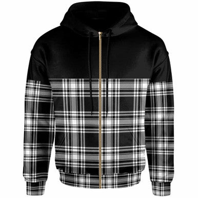Scottish Menzies Black & White Modern Clan Tartan Hoodie - Horizontal Style Zip Tartan Plaid