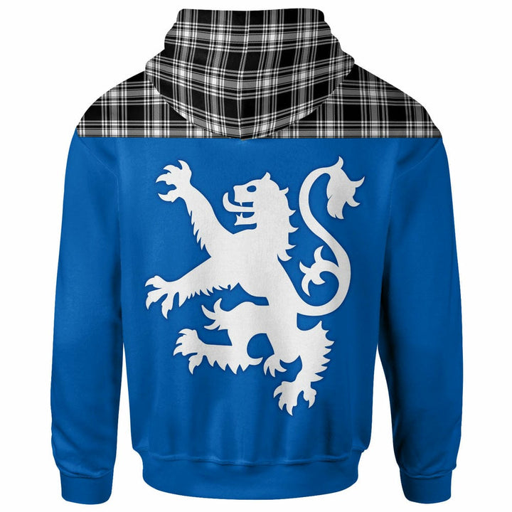 Scottish Menzies Black & White Modern Clan Tartan Hoodie - Lion Rampant of Scotland With Flag back Side Tartan Plaid