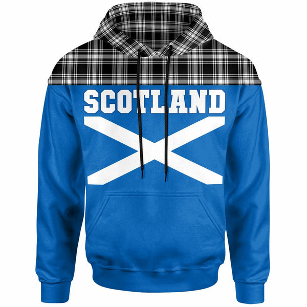 Scottish Menzies Black & White Modern Clan Tartan Hoodie - Lion Rampant of Scotland With Flag Front Side Tartan Plaid