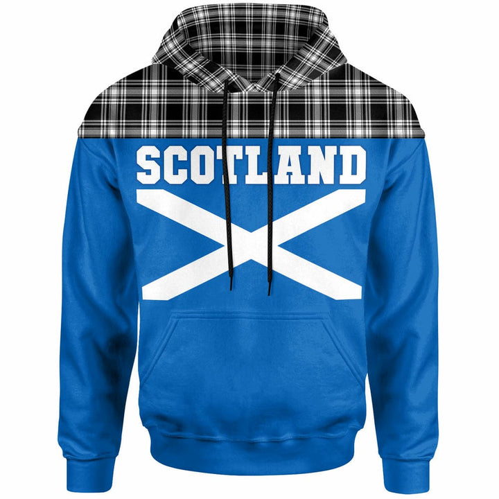 Scottish Menzies Black & White Modern Clan Tartan Hoodie - Lion Rampant of Scotland With Flag Front Side Tartan Plaid