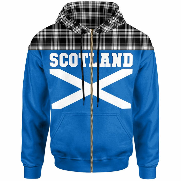 Scottish Menzies Black & White Modern Clan Tartan Hoodie - Lion Rampant of Scotland With Flag Zip-up Tartan Plaid