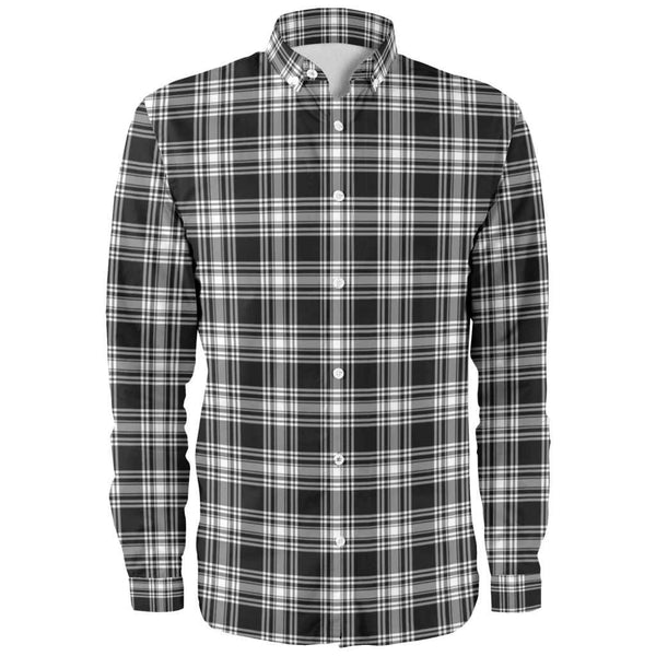 Scottish Menzies Black & White Modern Clan Tartan Long Sleeve Shirt Front Side Tartan Plaid