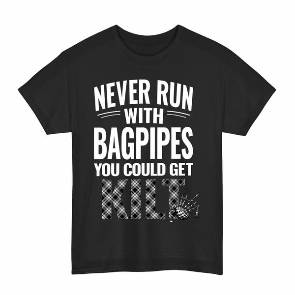 Scottish Menzies Black & White Modern Clan Tartan Never Run With Bagpipes T-Shirt Tartan Plaid Black Color