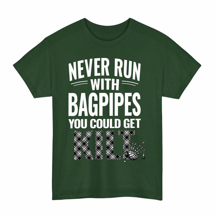 Scottish Menzies Black & White Modern Clan Tartan Never Run With Bagpipes T-Shirt Tartan Plaid Forest Green Color