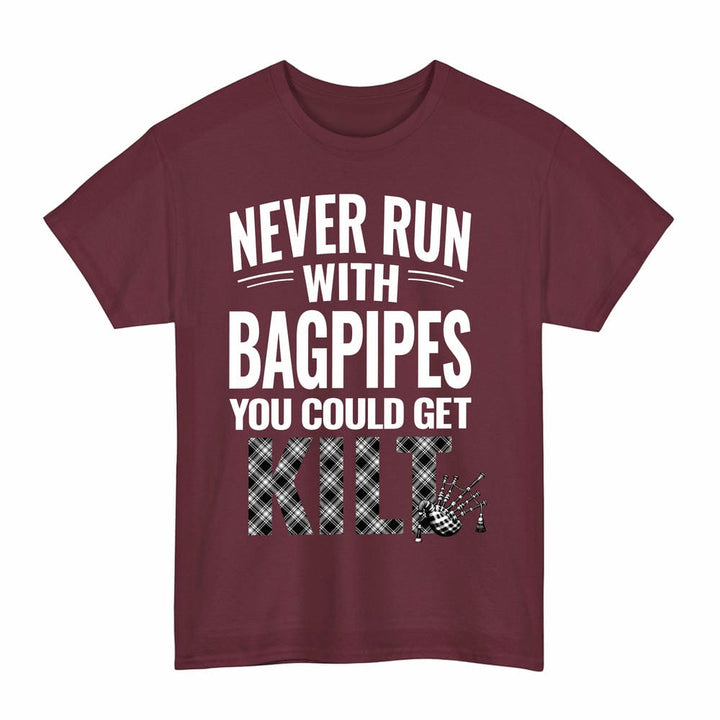 Scottish Menzies Black & White Modern Clan Tartan Never Run With Bagpipes T-Shirt Tartan Plaid Maroon Color