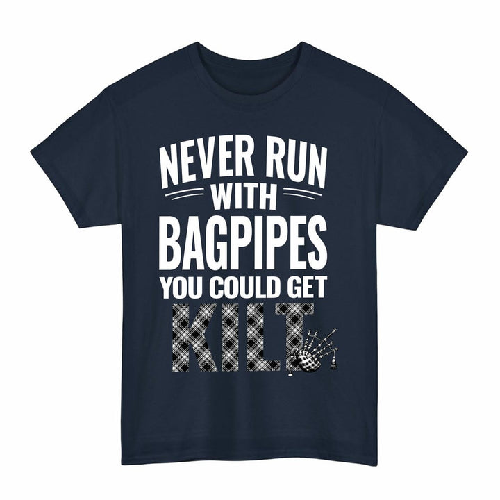 Scottish Menzies Black & White Modern Clan Tartan Never Run With Bagpipes T-Shirt Tartan Plaid Navy Color