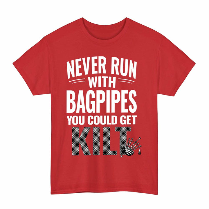 Scottish Menzies Black & White Modern Clan Tartan Never Run With Bagpipes T-Shirt Tartan Plaid Red Color