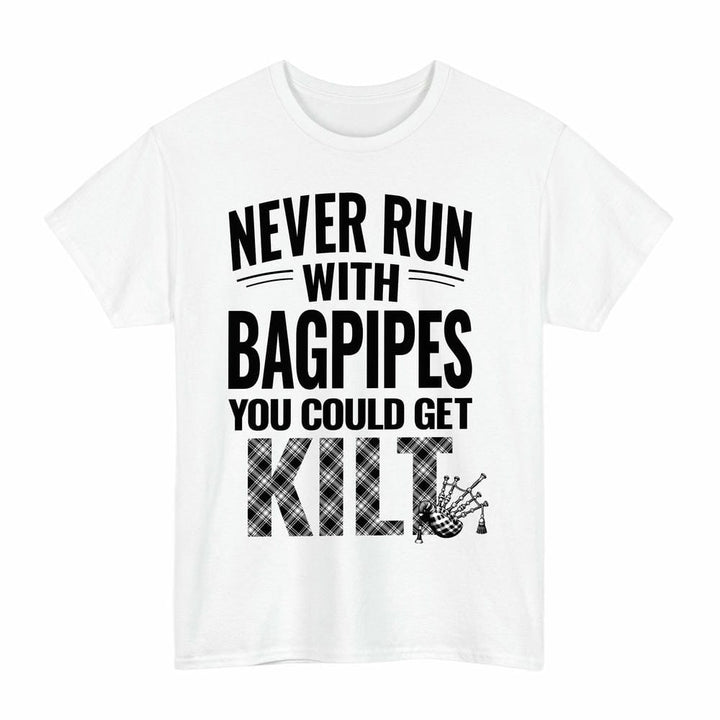 Scottish Menzies Black & White Modern Clan Tartan Never Run With Bagpipes T-Shirt Tartan Plaid White Color
