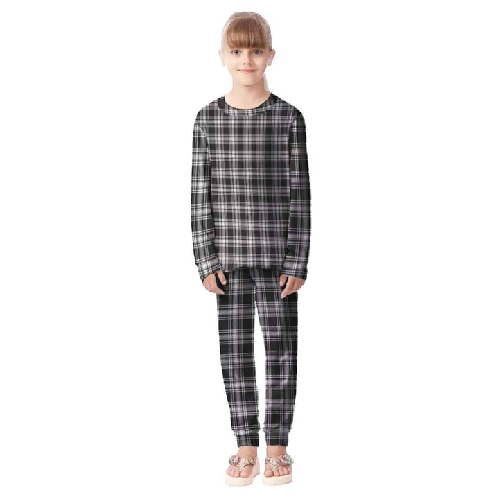Scottish Menzies Black & White Modern Clan Tartan Pajama Set Kid Front Side Tartan Plaid
