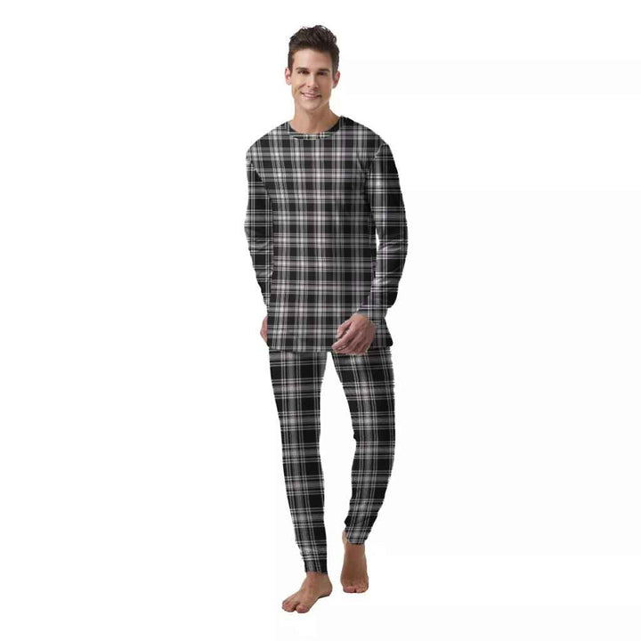 Scottish Menzies Black & White Modern Clan Tartan Pajama Set  Men Front Side Tartan Plaid