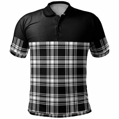 Scottish Menzies Black & White Modern Clan Tartan Polo Shirt - Horizontal Style Front Side Tartan Plaid