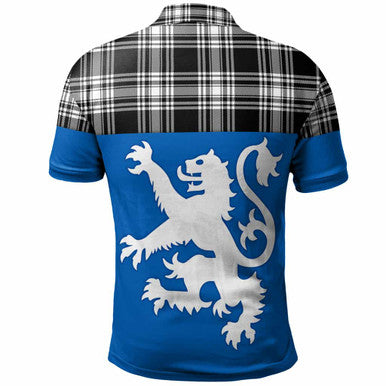 Scottish Menzies Black & White Modern Clan Tartan Polo Shirt - Lion Rampant of Scotland With Flag Back Side Tartan Plaid