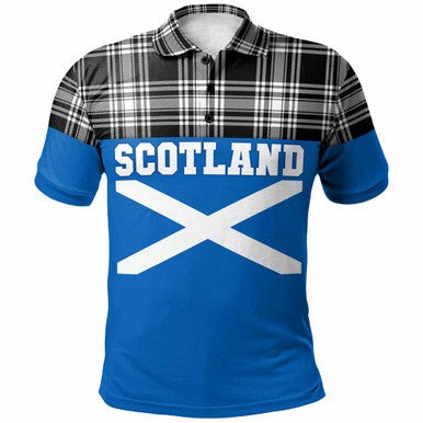 Scottish Menzies Black & White Modern Clan Tartan Polo Shirt - Lion Rampant of Scotland With Flag Front Side Tartan Plaid