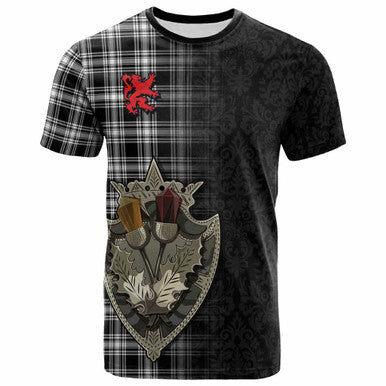 Scottish Menzies Black & White Modern Clan Tartan T-Shirt - Half Thistle Flowers Celtic Design Front Side Tartan Plaid