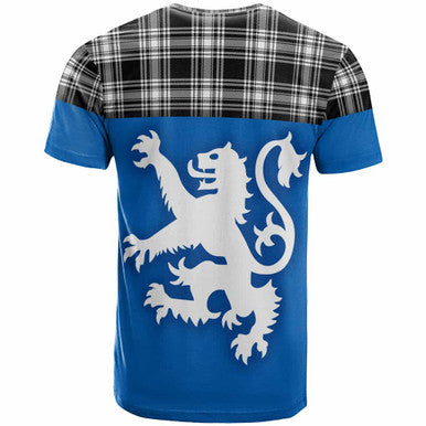 Scottish Menzies Black & White Modern Clan Tartan T-Shirt - Lion Rampant of Scotland With Flag Back Side Tartan Plaid