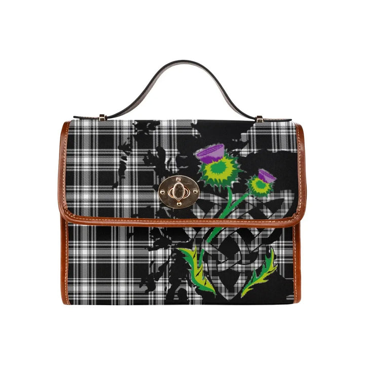 Scottish Menzies Black & White Modern Clan Tartan Waterproof Canvas Bag With Thistle Tartan Plaid 1