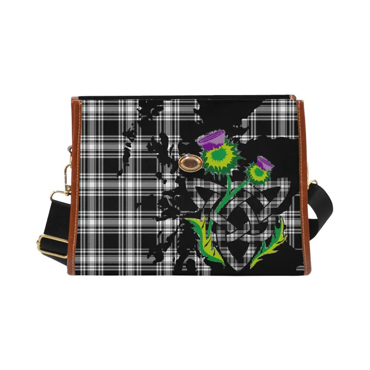 Scottish Menzies Black & White Modern Clan Tartan Waterproof Canvas Bag With Thistle Tartan Plaid 2