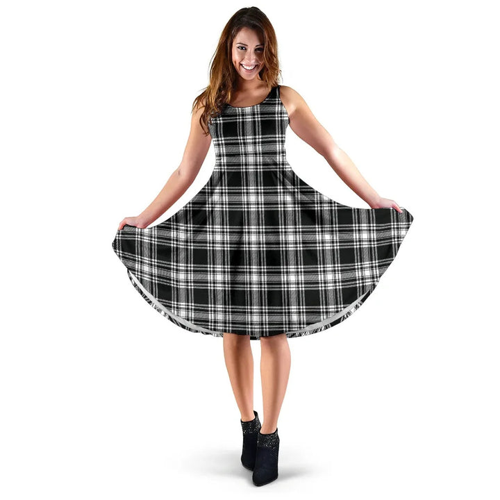 Scottish Menzies Black & White Modern Clan Tartan Women Midi Dress
