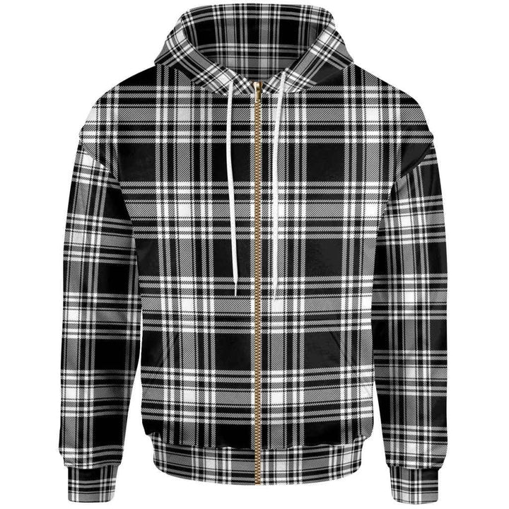 Scottish Menzies Black & White Modern Clan Tartan Hoodie Zip Tartan Plaid