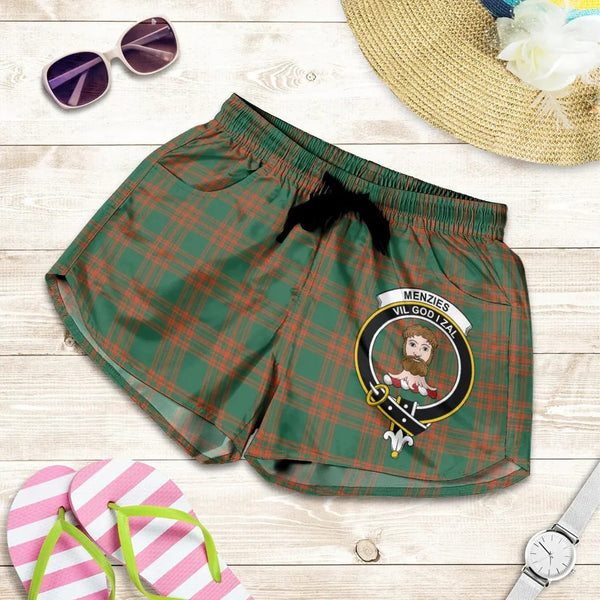 Scottish Menzies Green Ancient Clan Crest Tartan Women Shorts