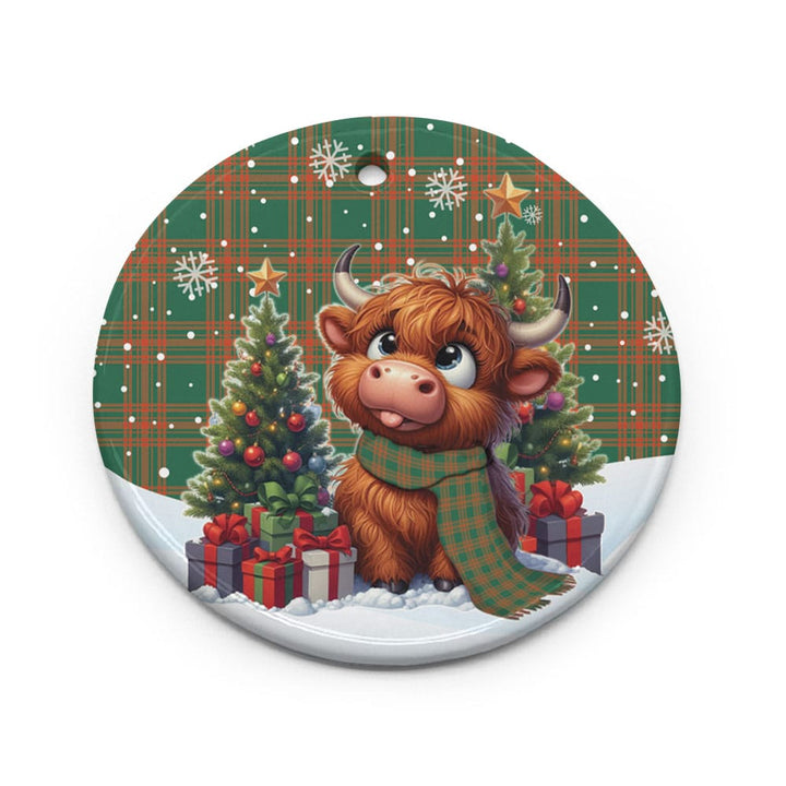 Scottish Menzies Green Ancient Clan Tartan Ceramic Ornament Cute Highland Cow Christmas Circle Style Tartan Plaid