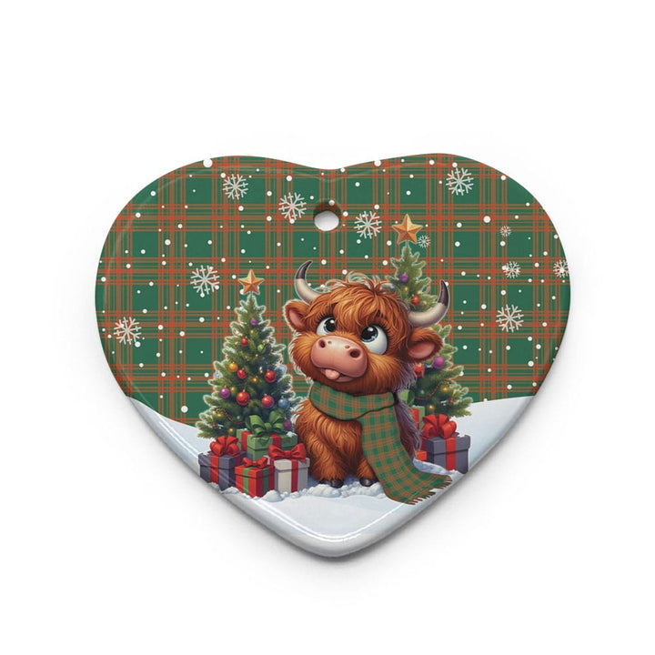 Scottish Menzies Green Ancient Clan Tartan Ceramic Ornament Cute Highland Cow Christmas Heart Style Tartan Plaid