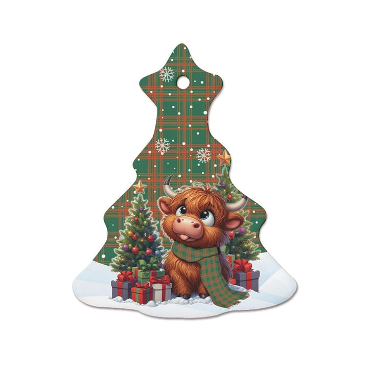 Scottish Menzies Green Ancient Clan Tartan Ceramic Ornament Cute Highland Cow Christmas Tree Style Tartan Plaid