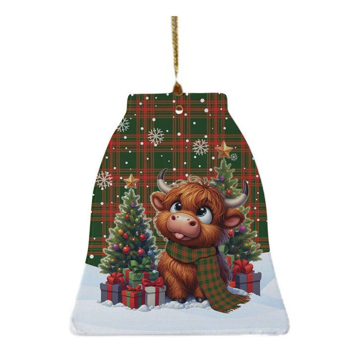 Scottish Menzies Green Modern Clan Tartan Ceramic Ornament Cute Highland Cow Christmas Bell Style Tartan Plaid