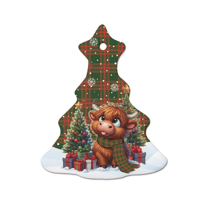 Scottish Menzies Green Modern Clan Tartan Ceramic Ornament Cute Highland Cow Christmas Tree Style Tartan Plaid