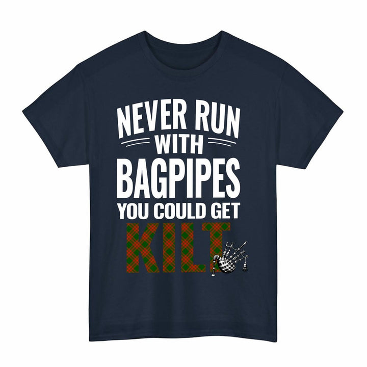 Scottish Menzies Green Modern Clan Tartan Never Run With Bagpipes T-Shirt Tartan Plaid Navy Color