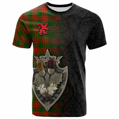 Scottish Menzies Green Modern Clan Tartan T-Shirt - Half Thistle Flowers Celtic Design Front Side Tartan Plaid