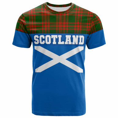 Scottish Menzies Green Modern Clan Tartan T-Shirt - Lion Rampant of Scotland With Flag Front Side Tartan Plaid