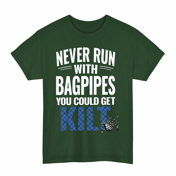 Scottish Mercer Modern Clan Tartan Never Run With Bagpipes T-Shirt Tartan Plaid Forest Green Color