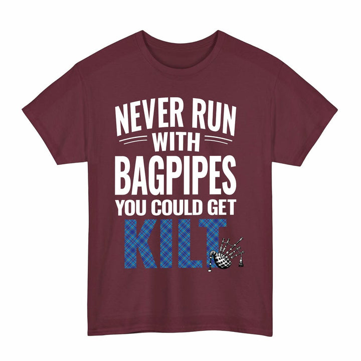 Scottish Mercer Modern Clan Tartan Never Run With Bagpipes T-Shirt Tartan Plaid Maroon Color