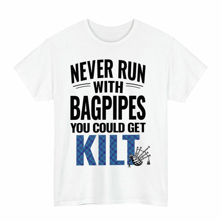Scottish Mercer Modern Clan Tartan Never Run With Bagpipes T-Shirt Tartan Plaid White Color