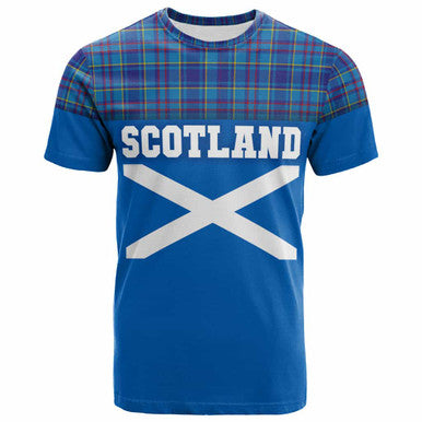 Scottish Mercer Modern Clan Tartan T-Shirt - Lion Rampant of Scotland With Flag Front Side Tartan Plaid