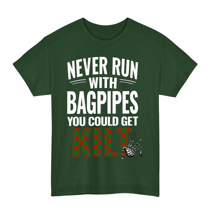 Scottish Middleton Modern Clan Tartan Never Run With Bagpipes T-Shirt Tartan Plaid Forest Green Color