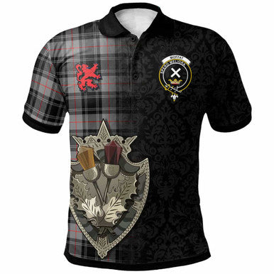 Scottish Moffat Clan Crest Tartan Polo Shirt - Half Thistle Flowers Celtic Design Front Side Tartan Plaid