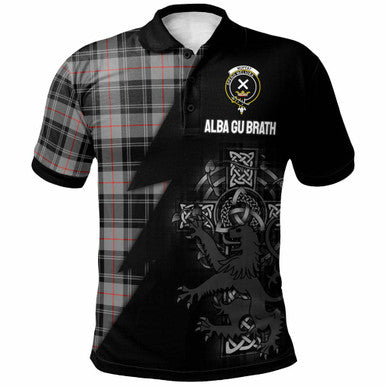 Scottish Moffat Clan Crest Tartan Polo Shirt - Lion Rampant Celtic Cross Flash Style Front Side Tartan Plaid