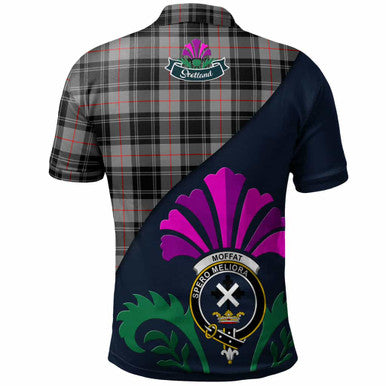 Scottish Moffat Clan Crest Tartan Polo Shirt - Scotland Thistle Style Back Side Tartan Plaid