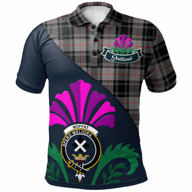Scottish Moffat Clan Crest Tartan Polo Shirt - Scotland Thistle Style Front Side Tartan Plaid
