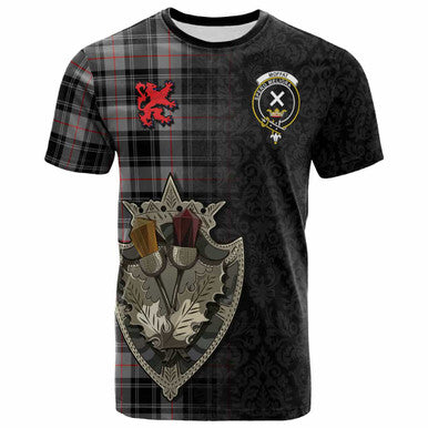 Scottish Moffat Clan Crest Tartan T-Shirt - Half Thistle Flowers Celtic Design Front Side Tartan Plaid